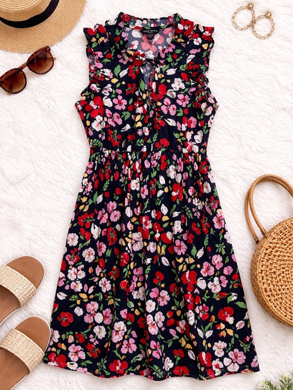 Maggy London Navy Floral Petite Dress with Red and Cream Blooms